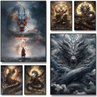 2023◊▬■ Cool Dragon VS Samurai Anime Golden Buddha Art Canvas Painting Aesthetic Posters Prints Bedroom Cartoon Wall Pictures Home Decor