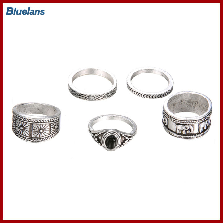Bluelans®เครื่องประดับแหวนใส่ข้อนิ้วย้อนยุคสำหรับผู้หญิงซ้อนหินกลมรูปช้างแกะสลัก5ชิ้น/เซ็ต