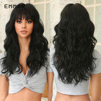 Emmor Black Long Wave Wigs With Bangs For Women วิกผมสังเคราะห์คุณภาพสูงคอสเพลย์ปาร์ตี้ผมสังเคราะห์ทนความร้อนธรรมชาติ ~