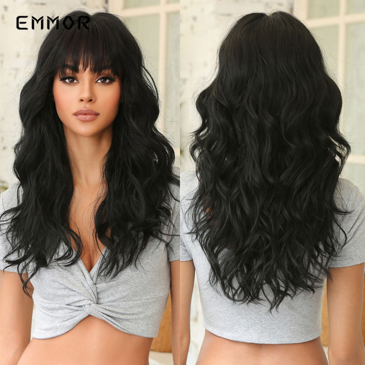 emmor-black-long-wave-wigs-with-bangs-for-women-วิกผมสังเคราะห์คุณภาพสูงคอสเพลย์ปาร์ตี้ผมสังเคราะห์ทนความร้อนธรรมชาติ