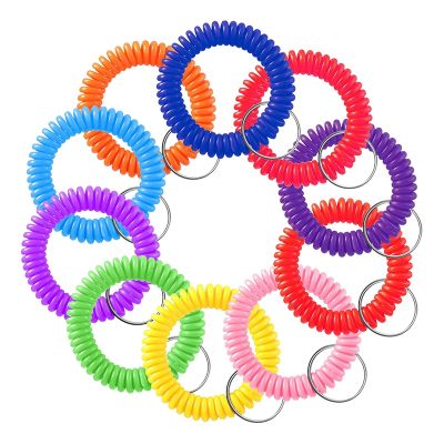 100 Pcs Colorful Spring Wrist Coil Keychain Stretchable Wrist Keychain Bracelet Wrist Coil Wrist Band Key Ring Chain