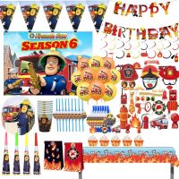 Fireman Sam Theme Happy Birthday Party Supplies Set Background Cup Plate Napkins BackParty Kids Boys Favor Balloons Decoration