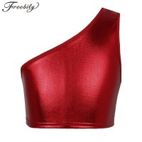 Kids Boys Girls Dance Crop Tops Shiny Metallic One Shoulder Tank Top Modern Jazz Hip-hop Dance Costumes Street Dancewear