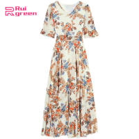 2022 Fashion Women Dress V-neck Short-sleeve Colorful Flower Printed Bell Sleeve Beach Long Skirt Waist-slimming Pullover Dress for Wommen Casual Formal Wearing