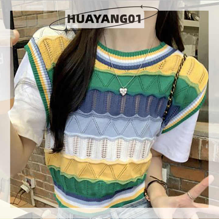 huayang01-2023-new-hot-fashion-lazlook-เสื้อยืดถักลายทางย้อนยุคสำหรับผู้หญิงคอกลมแขนสั้นปะต่อ