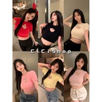 Cici(1520)เสื้อแขนสั้นไหมพรมขนมิ้งคอกลม เว้าหัวใจมินิฮาร์ทน่ารักมินินอลแบบเกาหลี