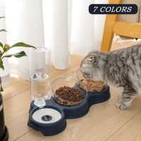 Pet Cat Bowl Automatic Feeder 3-in-1 Dog Cat Food Bowl With Water Fountain Double Bowl Drinking Raised Stand Dish Bowls For Cats