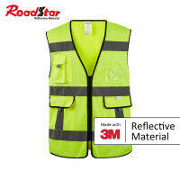 Roadstar 3M เสื้อกั๊กสะท้อนแสงมองเห็นได้สูงแจ็คเก็ตกระเป๋าซิป Workwear เพื่อความปลอดภัย Moctor เสื้อผ้า RS-BX07H-3M