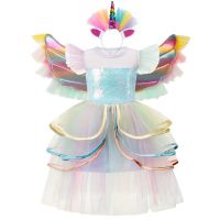 ZZOOI 2021 Unicorn Dress Girl Summer Tutu Costume with Wing Childrens Girl Princess Clothing New Years Children JYF