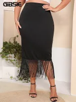 GIBSIE เดรสสีดำขนาดใหญ่พิเศษกระโปรง Bodycon กุ๊นติดพู่ที่สง่างามสำหรับผู้หญิงชุดเดรสยาวเข้ารูปใส่ไปทำงานเอวสูงฤดูร้อนใหม่
