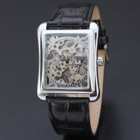 ⌚T-WINNER Elegant Square Hollow Silver Plated Case Automatic Self Wind Mechanical Unisex Wristwatch Casual Leather Watch