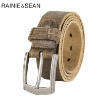 RAINIE SEAN Real Leather Belt Men Vintage Army Green Belts For Trousers Male Brand High Quality Cowhide Pin Buckle Leather Belts