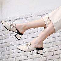 ♕✚卐 Baotou half-tow female summer new square-toe thick-heeled Muller shoes with British style