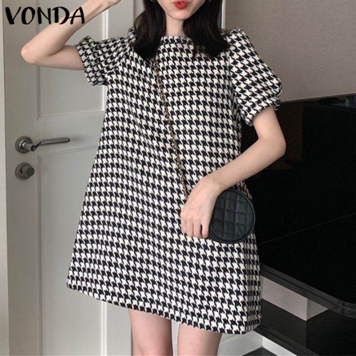 vonda-ชุดเดรส-คอกลม-แขนสั้น-ลายสก๊อต-สไตล์เกาหลี-สําหรับผู้หญิง