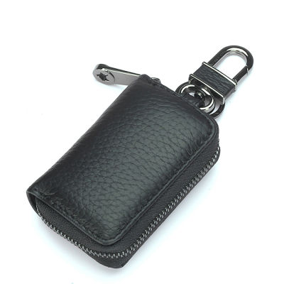 Cke CWwartMini Simple Fashion Top Layer Cowhide Leather Bag Single Zipper Pocket Waist Metal Buckle Automobile Car Key Chain Case e