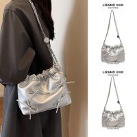 High-end niche messenger bag women 2023 summer new silver popular all-match chain bowknot bucket bag 【BYUE】