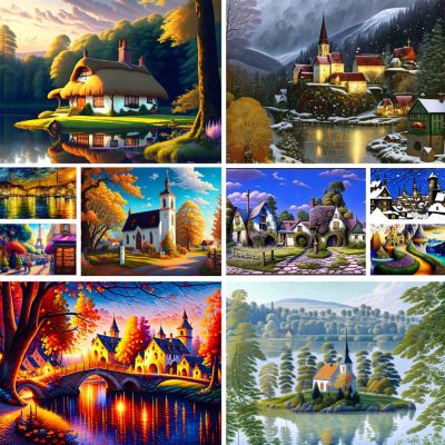 Landscape Cartoon House Pre-Printed Cross-Stitch Patterns DIY Embroidery Sewing Craft Handiwork Painting Wholesale Needle Design