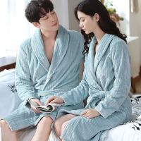 【LZ】☌✁✠  Casal flanela espessa robe quimono quente roupão V-Neck Sleepwear camisola Coral Fleece Home Lounge Wear Novo Inverno