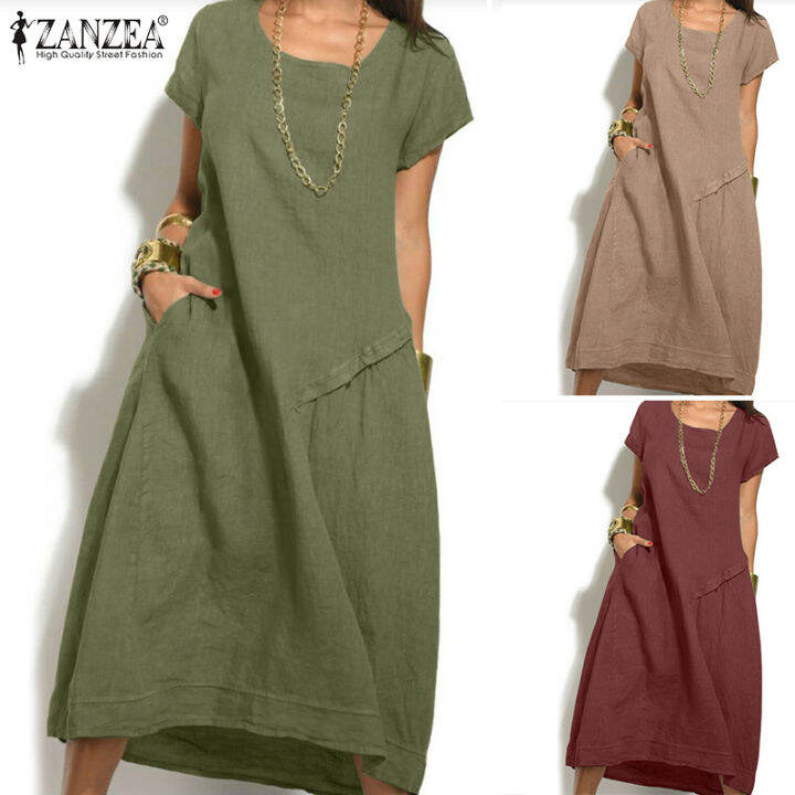 สินค้ามาใหม่-จัดส่งฟรี-fancystyle-zanzea-ชุดซันเดรสคลุมเข่ากระเป๋าด้านข้างวินเทจลำลองคอกลมชุดเดรสเรียบง่ายแขนสั้นสตรี-15