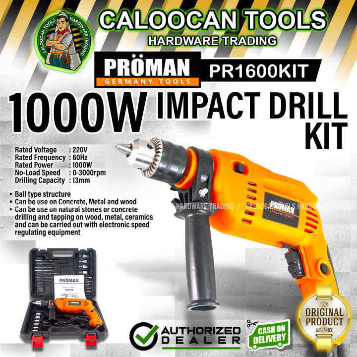 PROMAN Germany PR1600KIT 1000W Variable Speed Impact Hammer Drill Set
