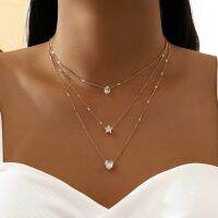 Fashion Simple Multi layer Five pointed Star Love Water Drop Pendant Retro Necklace Clavicle Chain Stone Necklace Women Jewelry