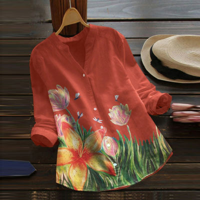 Womens Blouse Women Casual Flower Print Long Sleeve V-Neck Blouse Button Shirt Top Blouse
