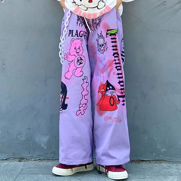 2021Harajuku Anime Pants Women ALT Aesthetic Cartoon Hippe Straight Trousers Oversized Egirl Wide Leg Pants Graffiti Street Clothes