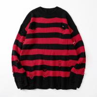 Sweter Garis Hitam Sweter Robek Hancur Sweter เสื้อที่สวมทับทางศรีษะ Lubang Rajutan Jumper PRA Kaus Besar Harajuku Atasan Lengjang