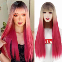 FEELSI Long Straight Wig With Bangs Ombre Christmas Red Wig Orange Black Pink 26Inch Halloween Cosplay Synthetic Hair For Women