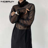 (เกาหลีสไตล์) INCERUN Mens Sheer ตาข่ายแขนยาว T เสื้อคอสูงดูผ่าน Tee Tops