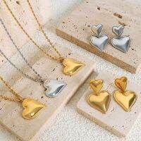 Upingi-แฟชั่นสแตนเลส18K Gold Plated hypoallergenic Double Heart Drop ต่างหูสร้อยคอชุดเครื่องประดับ womenc474or