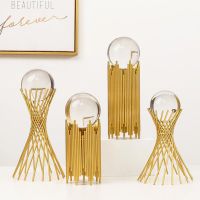 Golden Iron Crystal Ball with Geometric Stand Ornaments Desk Statues Sculpture Decor, for Living Room Bedroom Office Desktop