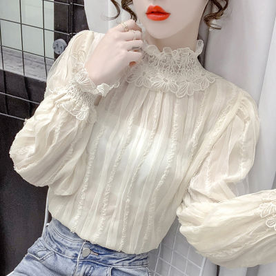 Stand collar Spring Autumn flounced High Collar backed Long Sleeved Lace Shirt Top Female 2022 New Button Up Shirts Women 522C