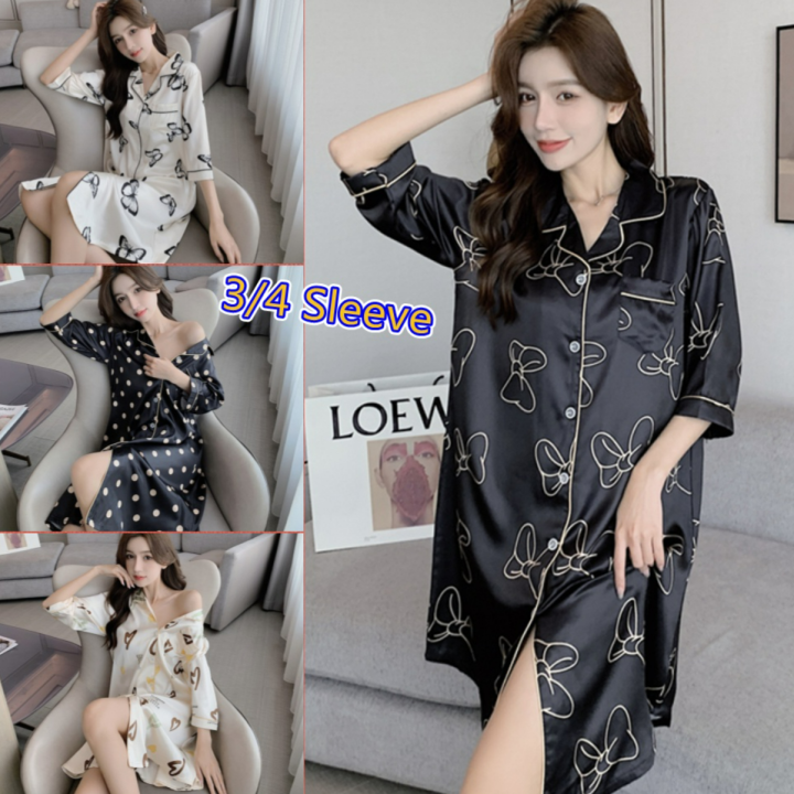 Sexy Sleepwear Pajamas Women 3/4 Sleeve Night Dress Plus Size 3XL Silk  Satin Dress Korean Pyjamas Female Pajamas Baju Tidur | Lazada Singapore