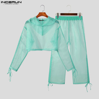 บุรุษ INCERUN เสื้อฮู้ด + กางเกงขายาวชุดสูทโปร่งแสง (เสื้อผ้าลำลอง) #3