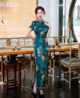 ฤดูร้อน Mandarin Collar แขนสั้นซาติน Cheongsam Elegant แบบดั้งเดิมจีน Handmade ปุ่มยาวสไตล์ Qipao ขนาด4XL