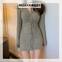 HUAYANG01เดรสคลุมสะโพกคอวีสีล้วน,ย้อนยุคสำหรับผู้หญิงมินิบอดี้คอนถักแขนยาว