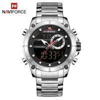 NAVIFORCE Silver Stainless Steel Men Army Military Dual Display Quartz Led Clock Male Waterproof Watches relogio masculino 9163