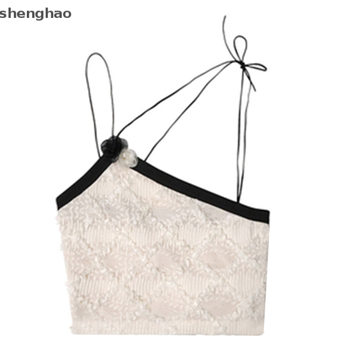 shenghao-เสื้อกล้ามสายเดี่ยวลายสก๊อตสำหรับผู้หญิงเสื้อแขนกุดลายสก๊อตถักแบบไม่สม่ำเสมอลายดอกไม้เซ็กซี่ฤดูร้อน