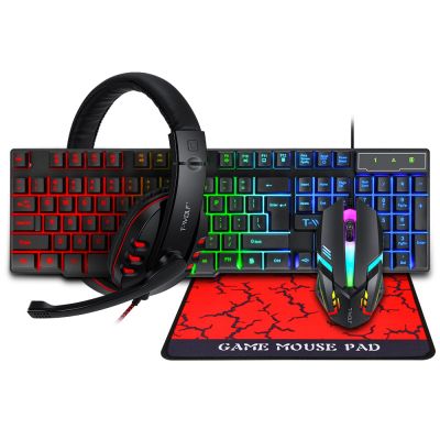 T-WOLF TF800 Four-piece Gaming Combo 104 Keys Keyboard 4-color Breathing Light Mouse 3.5mm Gaming Headset Anti-slip Mouse Pad