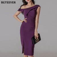 BGTEEVER Stylish Solid One-shoulder Women Skinny Pencil Dress Elegant Purple Split Bodycon Female Dress 2021 Spring Vestidos