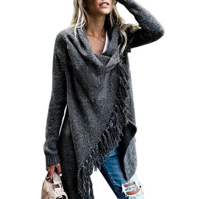 Oversized Fringed Shawl Grey Pullovers Women Spring Autumn O-Neck Loose Long Sweaters Streetwear Warm Outerwear