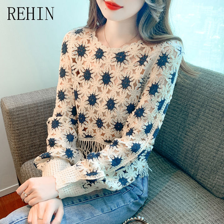 rehin-เสื้อลูกไม้ฉบับภาษาเกาหลีผู้หญิง-เสื้อลูกไม้แบบสวมหัวรูปแบบรอบคอเรขาคณิตหวานต้นฤดูใบไม้ร่วง2023แขนยาว