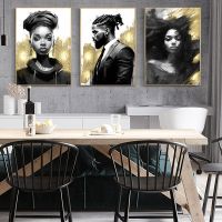 NewKing และ Queen Black Man Woman Golden Graffiti Portrait โปสเตอร์ Modern Wall Art ภาพวาดผ้าใบภาพ Room Home Decor Cuadros