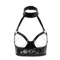 Patent Leather Hollow Chain PU Leather Bra Sexy Hanging Neck Open Chest Bra Europe And America Highlight Punk Style Top Support Without Steel Ring