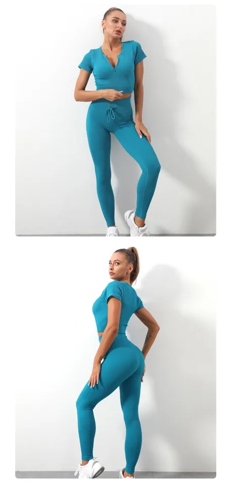 CC】▤□☾ Ribbed Seamless Pants High Waist Gym Leggings Women Drawstring Tummy  Control Training Tights