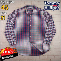 Tommy Hilfiger®แท้ อก 45 เสื้อเชิ้ตผู้ชาย ทอมมี่ ฮิลฟิกเกอร์ สีน้ำเงินแดง เสื้อแขนยาว เนื้อผ้าดี