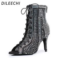 DILEECHI Black Satin Latin Dance Boots Women New Arrival Rhinestones Net Salsa Party Wedding Ballroom Dancing Shoes High Heel