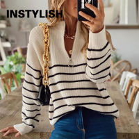 Women Autumn Winter Sweater 2021 Striped Oversized Pullover Elegant Zipper Knitting Junmper Casual Long Sleeve Button Loose Top