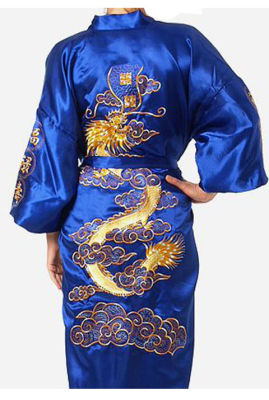 Hot Sale Blue Chinese Mens Silk Satin Bathrobe Embroider Kimono Gown Vintage Dragon Pattern Sleepwear S M L XL XXL XXXL MR020